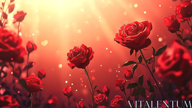Red Roses Bloom Against Luminous Gradient Backdrop.