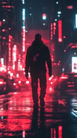 Lone figure walks neon city street under steady rainfall