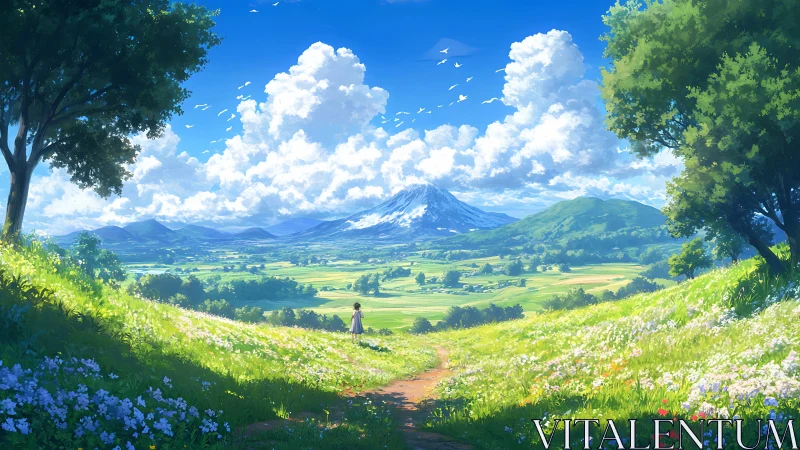 Expansive alpine valley rendered in luminous anime landscape
