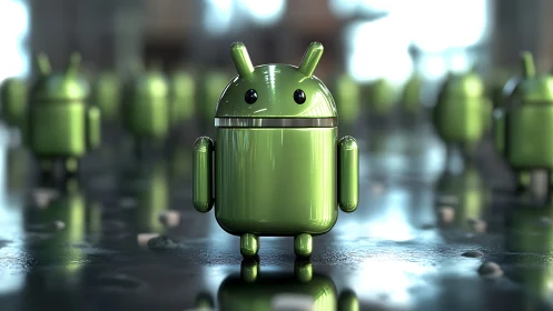 Glossy green android mascot stands on reflective surface.
