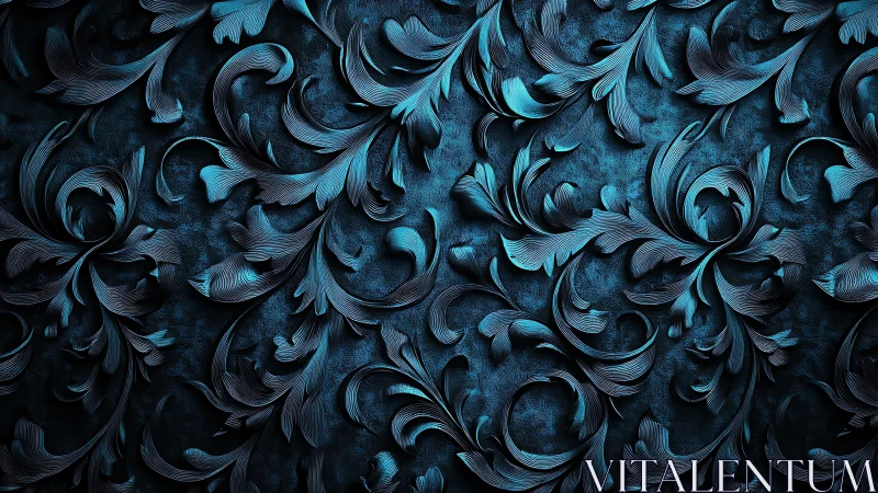 Digital teal foliage relief pattern forms repeated curling shapes