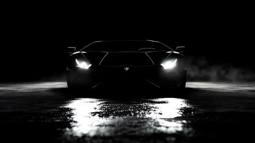 Low‑key supercar front view emerges from the cinematic dark