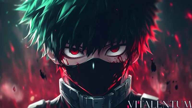 Masked anime antihero stares through crimson embers
