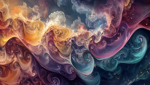 Fractal-inspired swirling wave forms occupy the horizontal frame