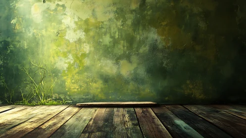 Weathered wooden floor under mossy green textured wall.