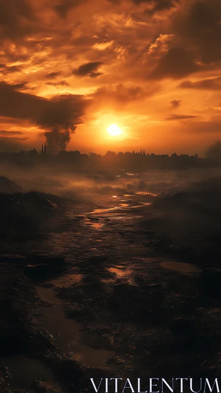 Burnt wasteland path under relentless molten sunset sky.