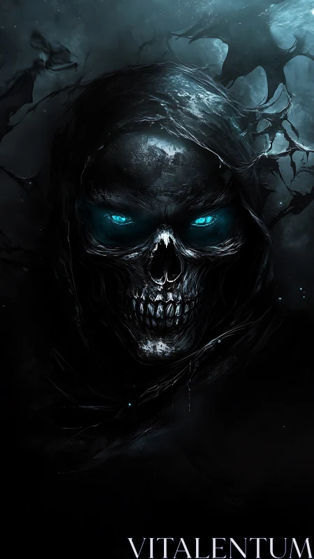 Hooded skeletal figure with glowing blue eyes in darkness.
