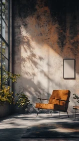 Modern lounge chair in sunlit industrial concrete interior.