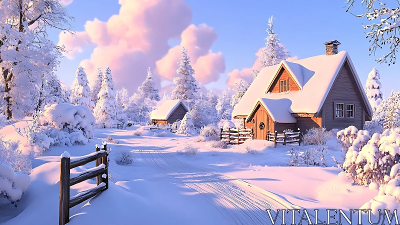Soft sunrise over cozy cabins in a quiet winter forest.