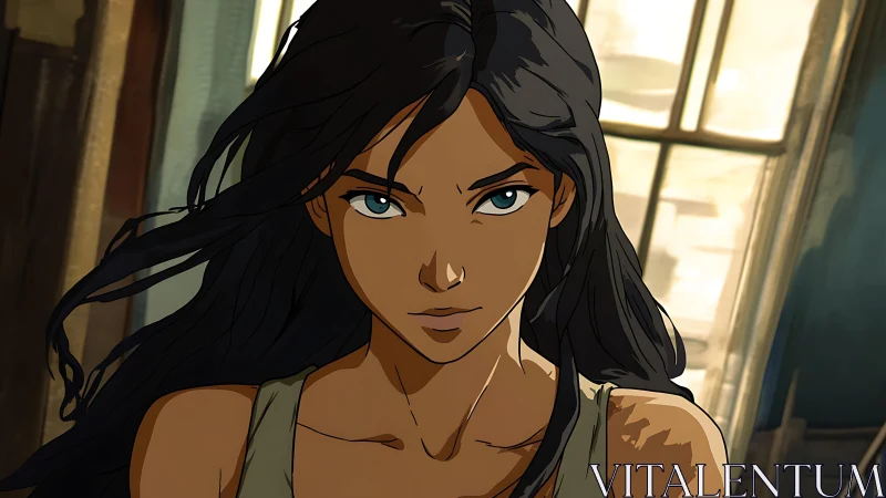 Vector-lined heroine under diffuse backlit window illumination.