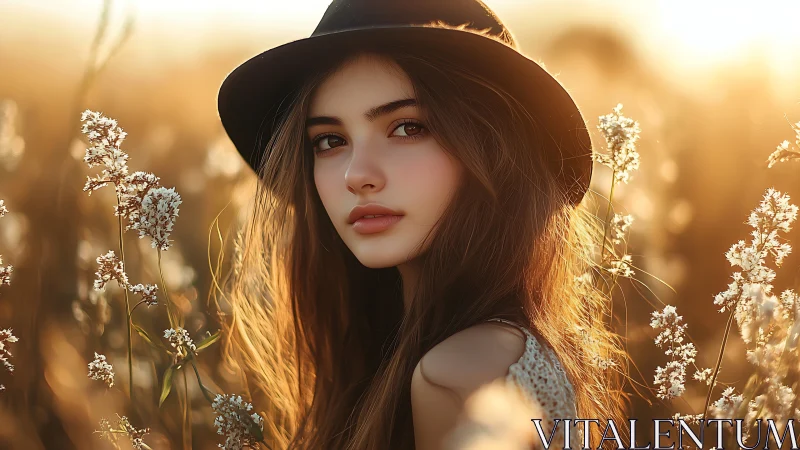 Young woman in field at sunset wearing wide brim hat.