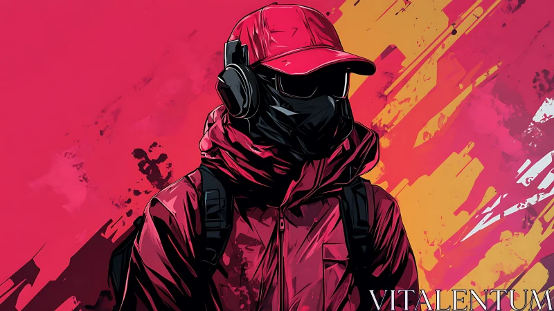 Urban wanderer in blazing red against bold neon streaks.