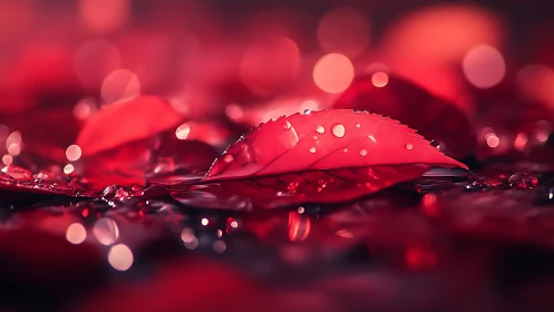 Crimson leaf macro with dewdrops and glowing bokeh light