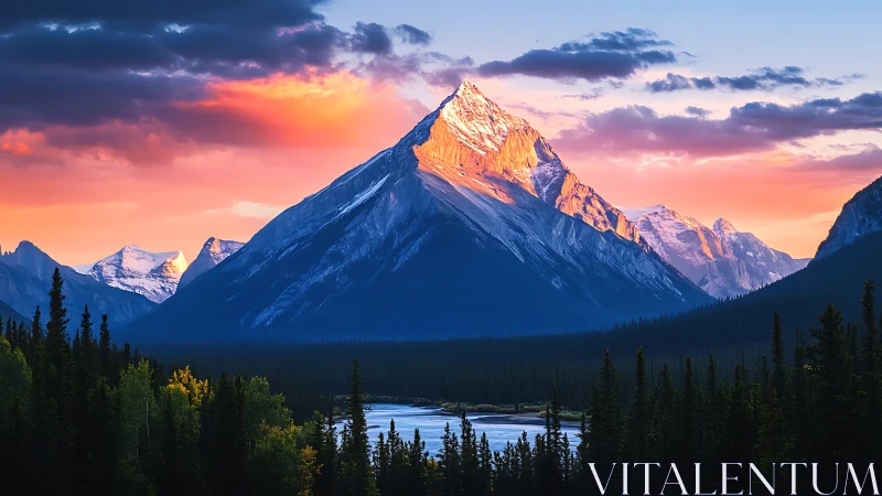 Alpenglow-illuminated alpine peak above conifer river basin.
