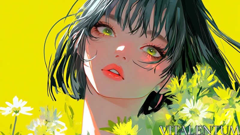 Anime portrait with neon botanicals and high-chroma background.