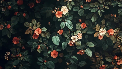 Dark floral composition with layered botanical elements and warm chromatic transitions