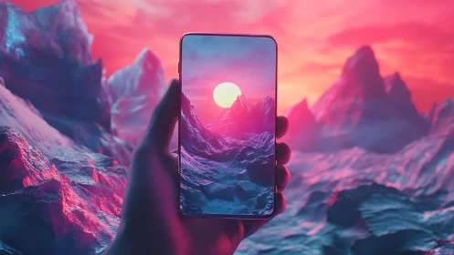 Neon glacier landscape merges through smartphone frame interface