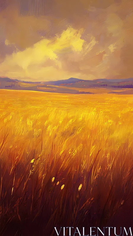 Golden wheat field under dramatic storm-lit evening sky