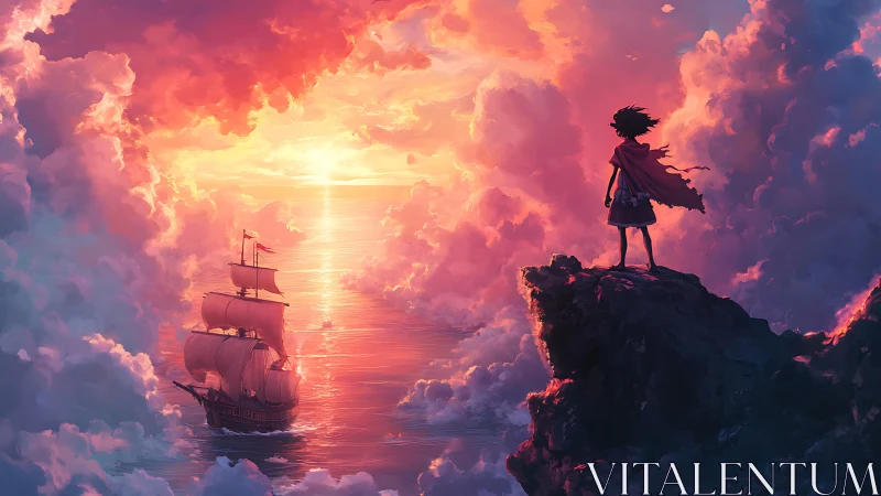 Backlit caped figure observes tall ship in volumetric sunset clouds