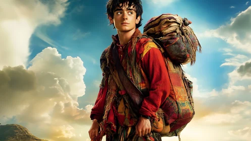 Young traveler carries overloaded pack under bright sky