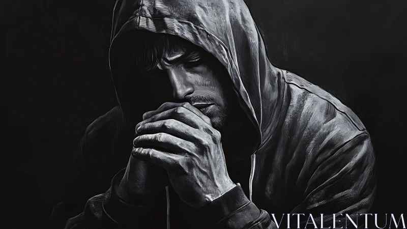 Hooded male figure in monochrome, hands clasped in foreground.