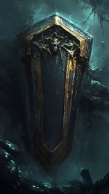 Gothic necromantic coffin with gilded trim in misty abyss