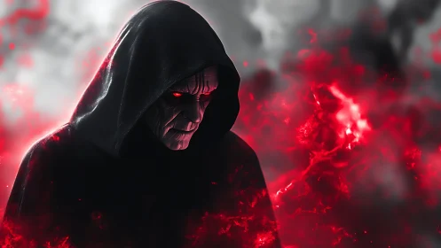 Dark hooded sorcerer gazes through swirling crimson fire
