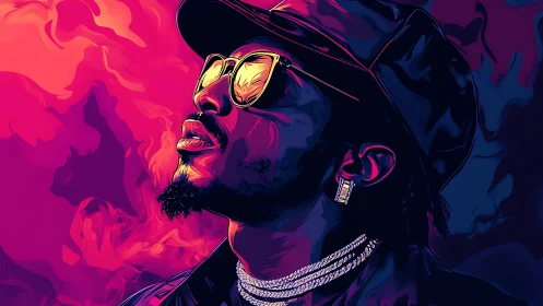 Digital portrait depicts man in profile amid neon color gradients