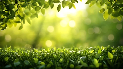Sunlit green grass and leafy branches, soft bokeh background.