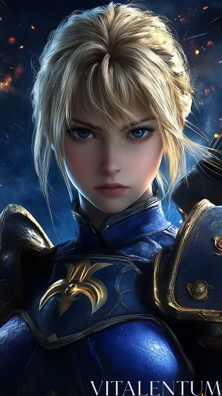 Blonde starborn knight stares down destiny in blue armor.