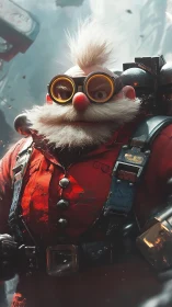 Steampunk dwarf engineer in red suit with goggles.