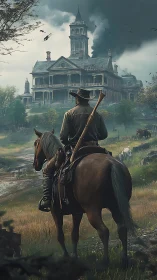 Rider studies burning Victorian mansion in cinematic depth