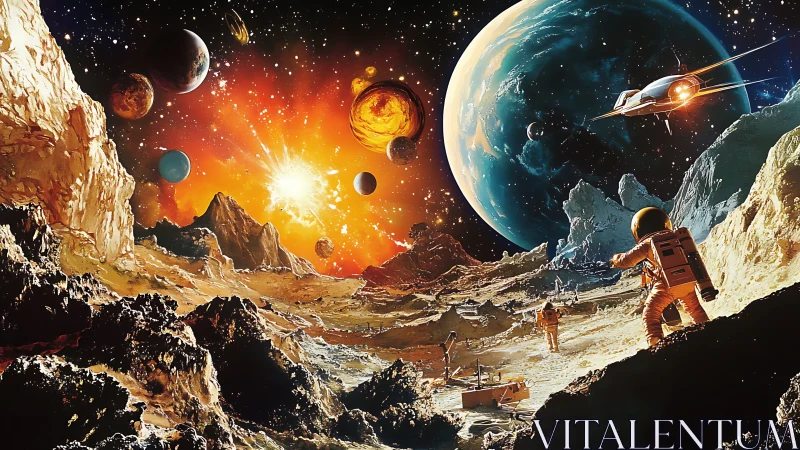 Astronauts explore a blazing alien horizon beneath vivid planets