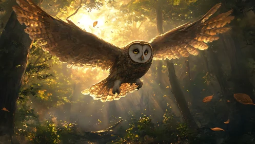 Majestic owl in flight through sunlit forest, digital art style.