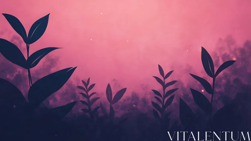 Silhouetted foliage against magenta atmospheric gradient field