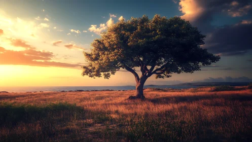 Solitary coastal tree stands in backlit sunset environment