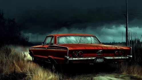 Rust-red road ghost waits beneath a bruised midnight sky
