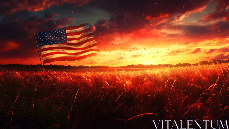 US flag in windswept prairie under dramatic sunset sky
