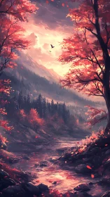 Sunlit autumn river winds through misty mountain valley.