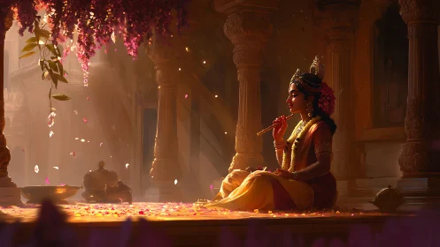 Hindu goddess figure plays flute in sunlit temple hall.