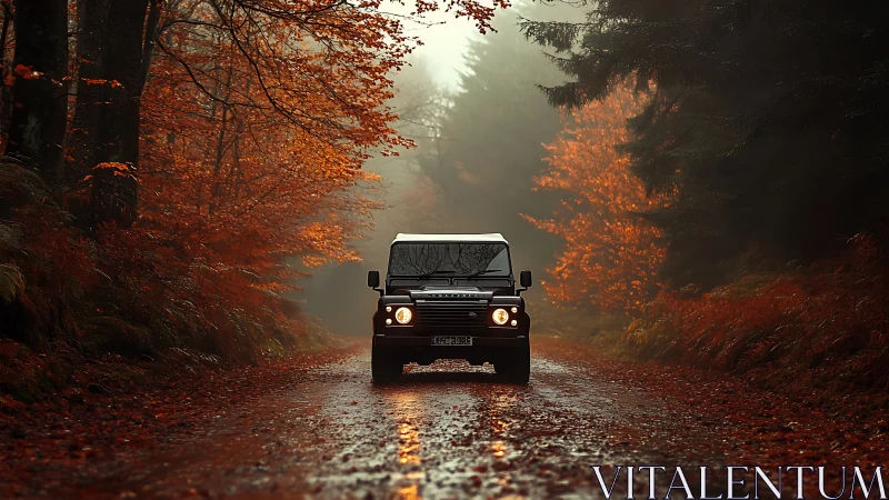 Off‑road utility vehicle on misted autumn forest track.