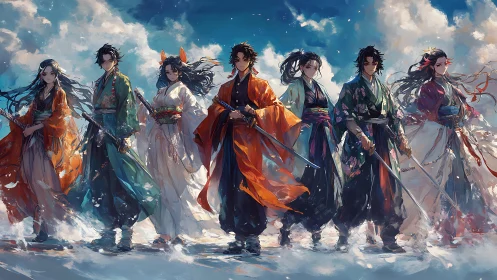 Seven stormlit samurai stride beneath sweeping skies.