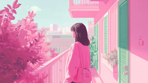 Girl on pastel balcony in soft urban daylight scene.