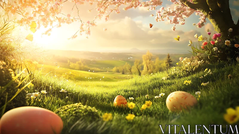 Radiant spring meadow with luminous Easter eggs at sunrise.