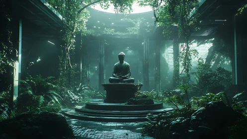 Meditative bronze figure in overgrown atrium lightwell.