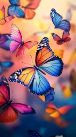 Colorful digital butterflies in soft blurred sunset sky.