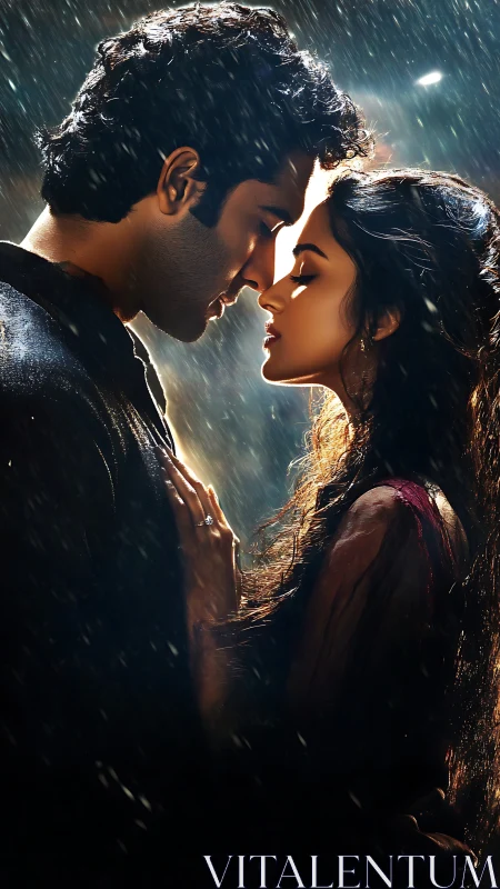 Cinematic rain-kissed romance between two figures in dramatic backlight.