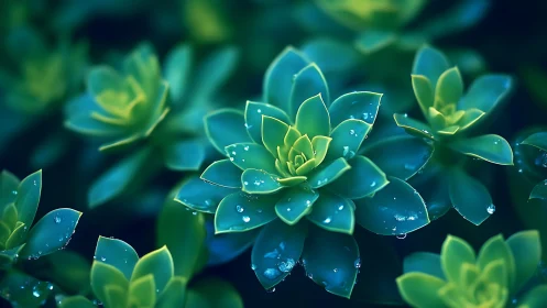 Emerald succulents glow with dewdrops in soft morning light.
