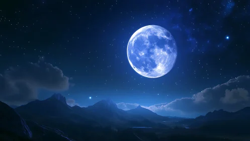 Large full moon above distant mountain range at night.