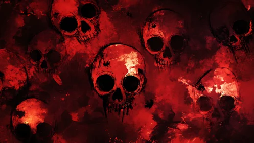 Crimson skulls drift through shadowy smoke with eerie calm